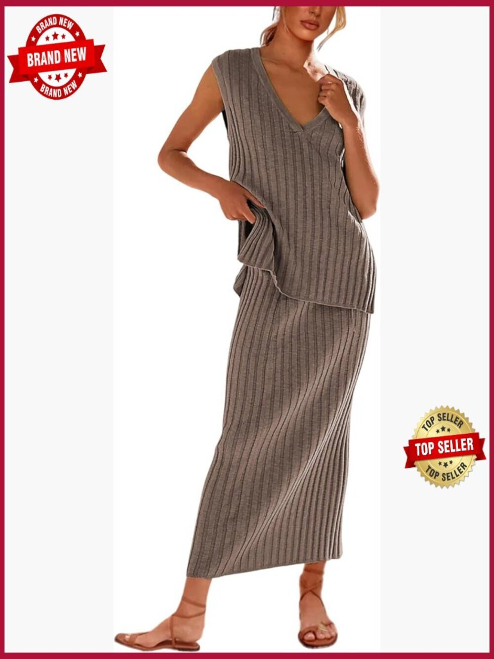 Sleeveless V Neck Knit Ribbed Vest Top and Midi Skirt Set